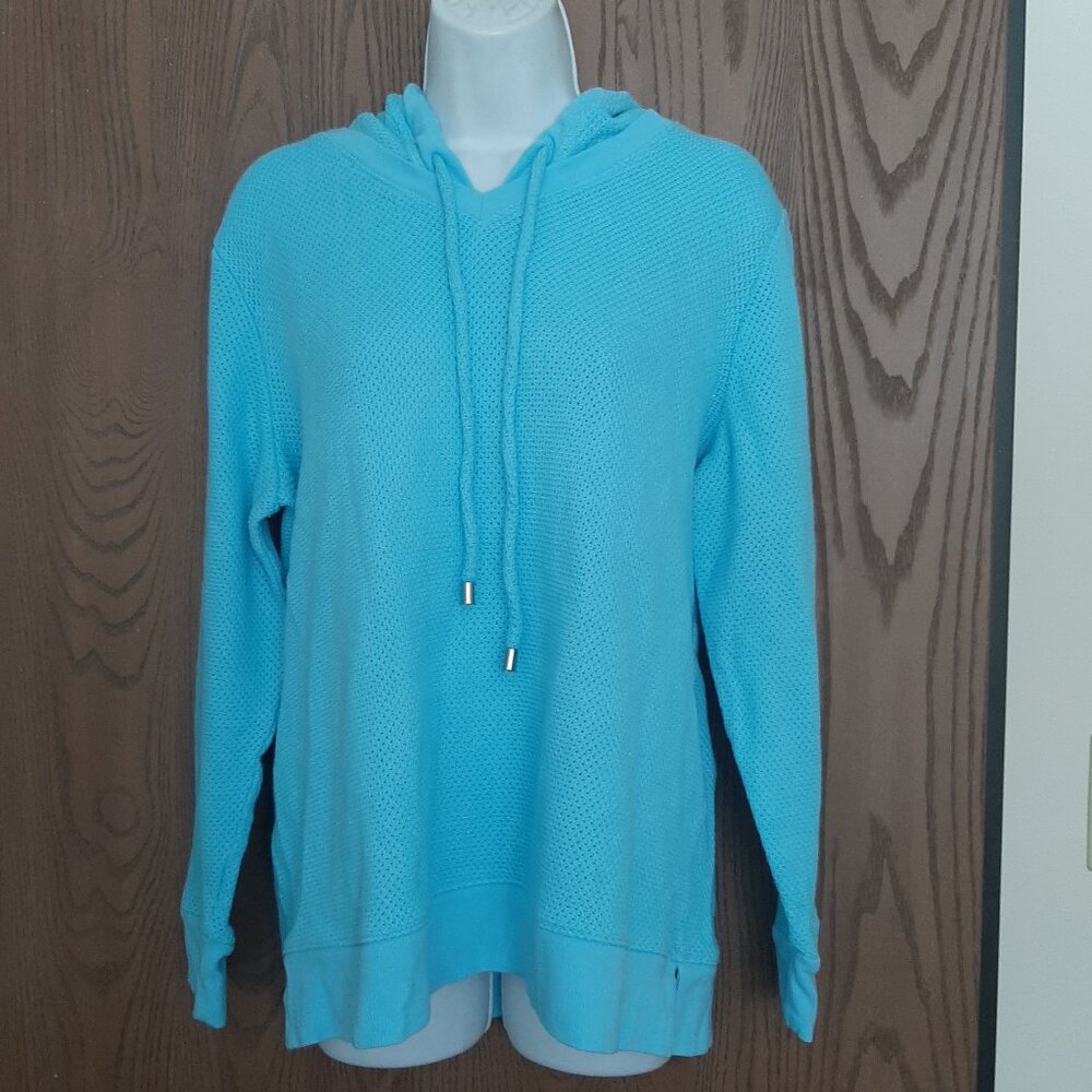 Chico's Light Blue Waffle Knit Tied Hoodie Sweater Size 3 XL Warm Cozy